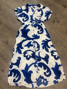 blue and white h&m dress Ladies - Cream/Patterned Printed tiered dress - Size: S